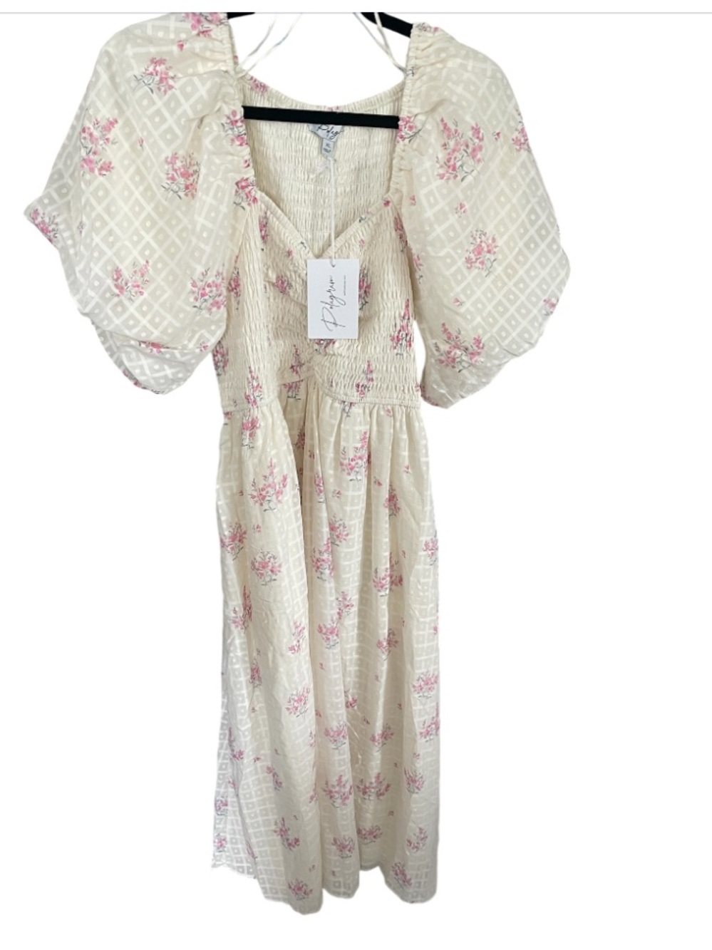 Polagram Pink Floral Textured Dot Smocked Midi Dress - Picture 3 of 7
